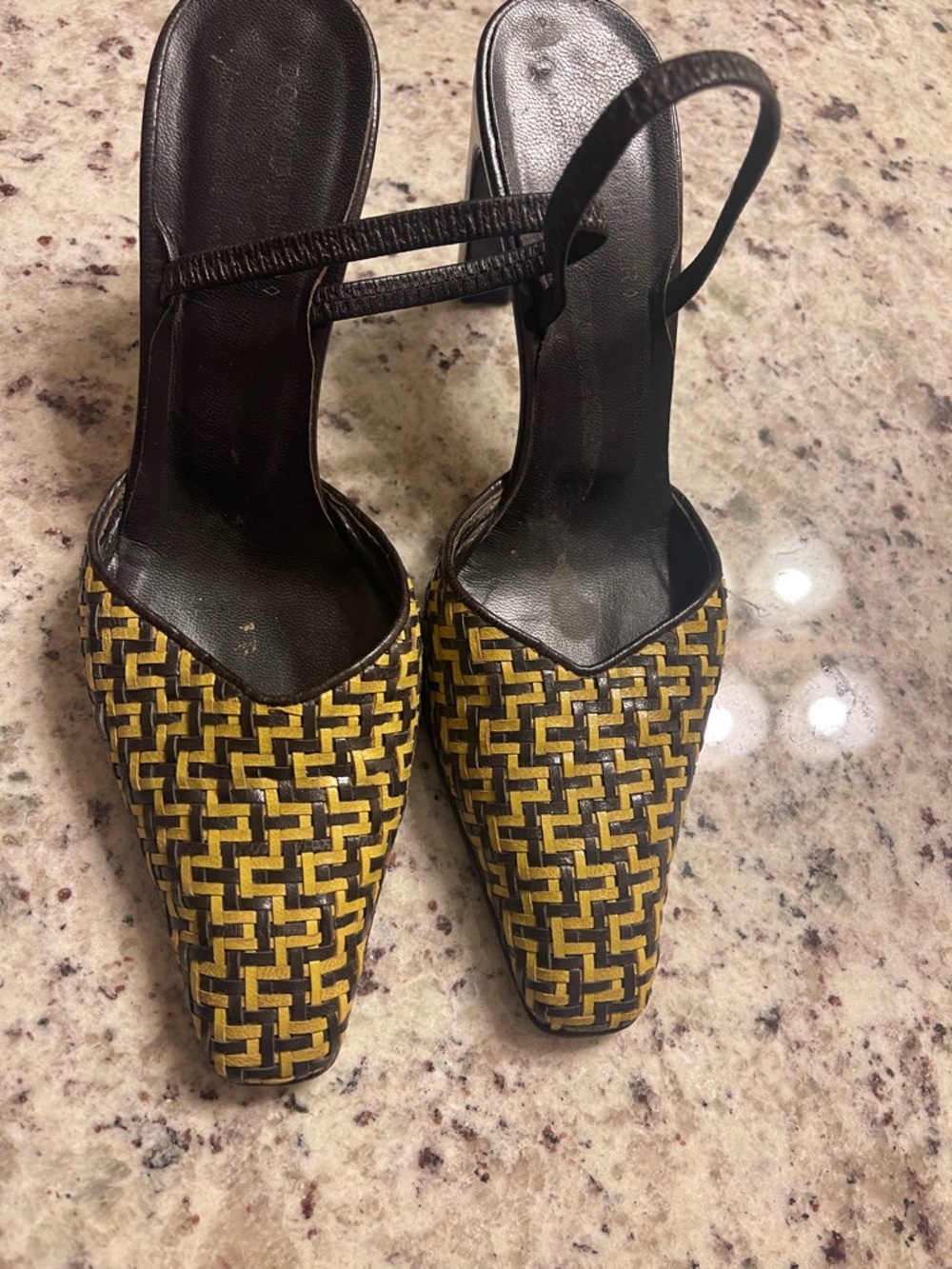 Donald Pliner Woven Yellow and Brown Slingback Heels - Picture 4 of 6